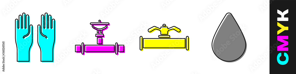 Set Rubber gloves, Industry pipe and valve, Industry pipe and valve and Water drop icon. Vector