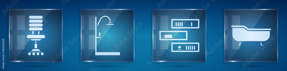 套装办公椅、淋浴器、书架、书籍和浴缸。方形玻璃板。矢量