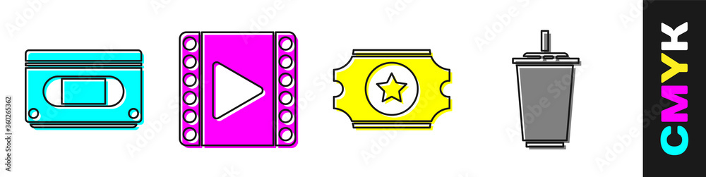 设置VHS盒式磁带、播放视频、电影票和带水图标的纸玻璃。矢量