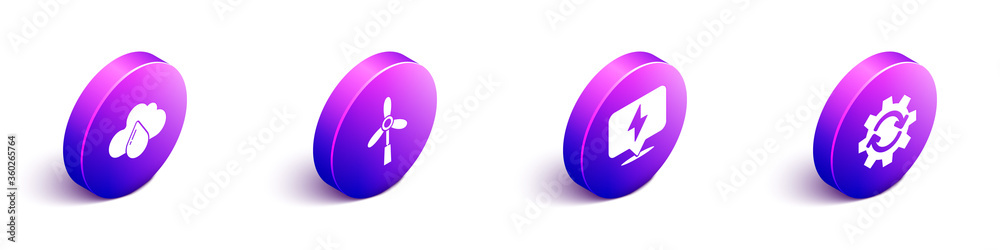 Set Isometric Cloud with rain, Wind turbine, Lightning bolt and Gear and arrows as workflow icon. Ve