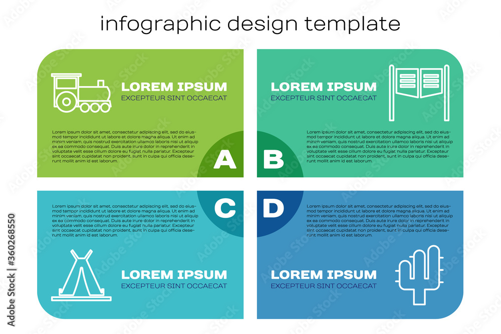 Set line Indian teepee or wigwam，Retro train，Cactus and Saloon door。商务信息图模板