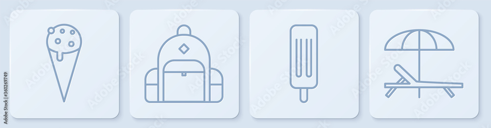 华夫饼冰淇淋、冰淇淋、徒步旅行背包、日光浴床和雨伞。白色方块
