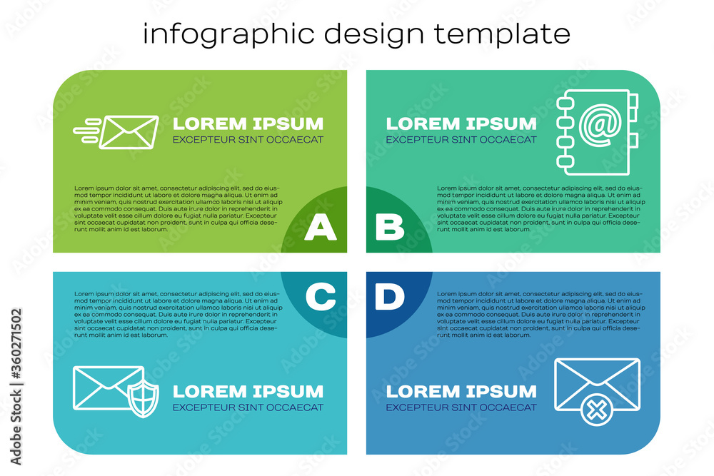 Set line Envelope with shield, Express envelope, Delete envelope and Address book. Business infograp