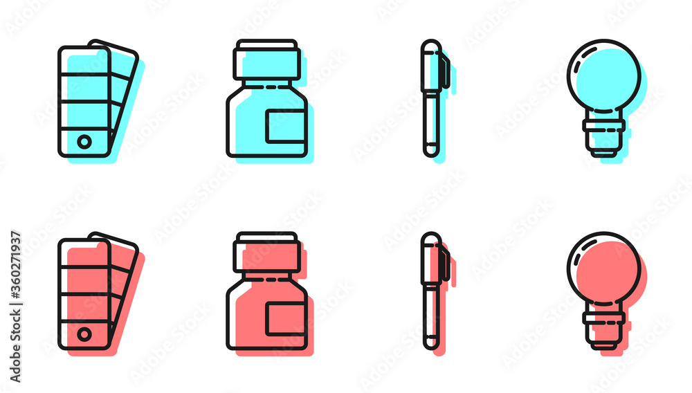 设置线条笔、调色板、颜料、水粉、罐子、染料和灯泡图标。矢量