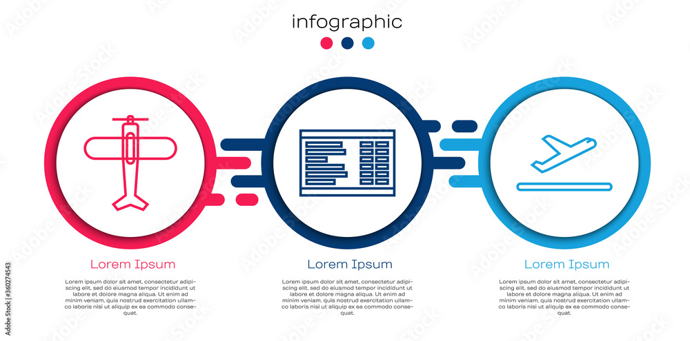 设置线路飞机、机场登机牌和飞机起飞。商业信息图模板。矢量
