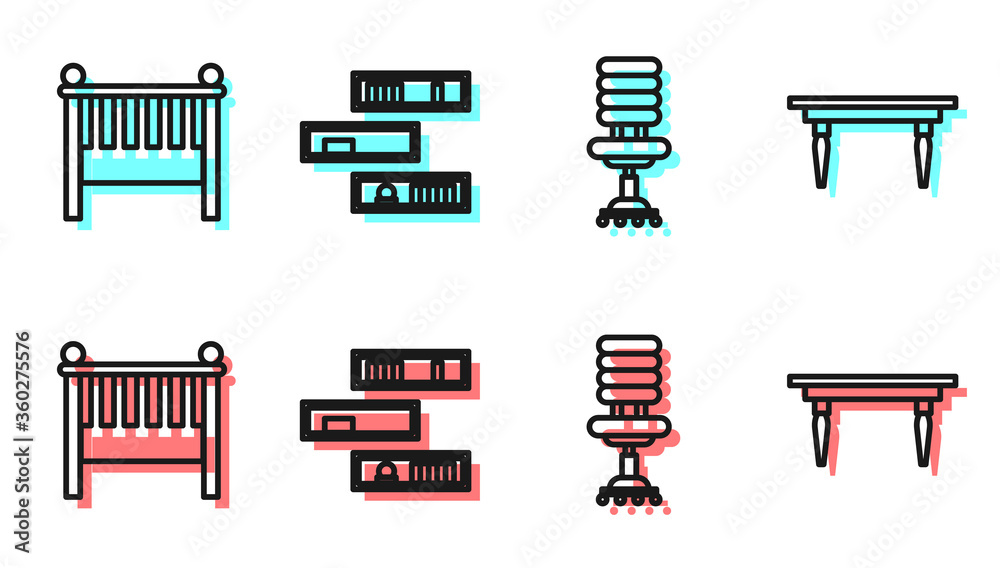 套装办公椅、婴儿床摇篮床、书架、书籍和木桌图标。矢量