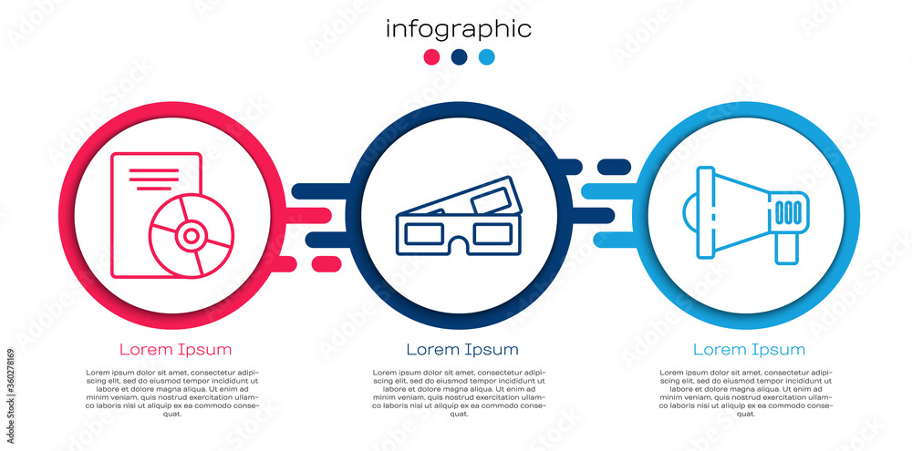 套装CD或DVD光盘、3D影院眼镜和Megaphone。商业信息图模板。Vector