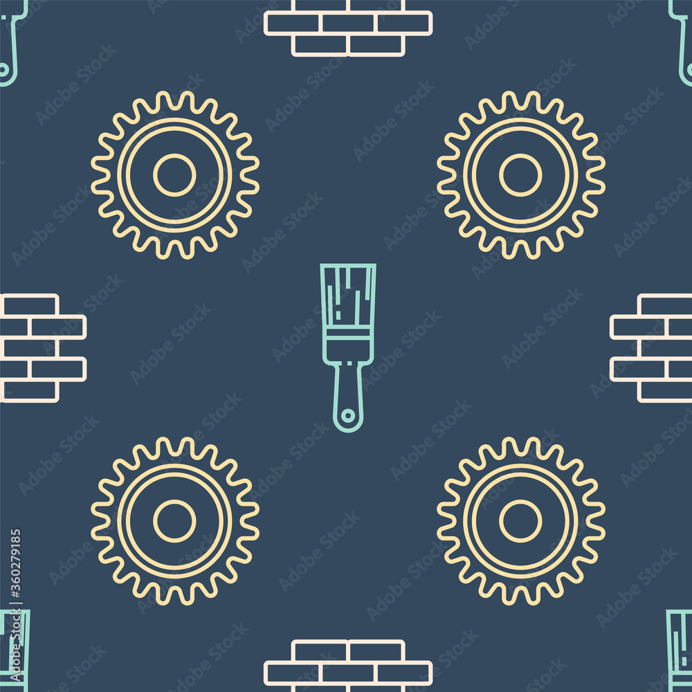 在无缝图案上设置线条砖、圆锯片和油漆刷。矢量