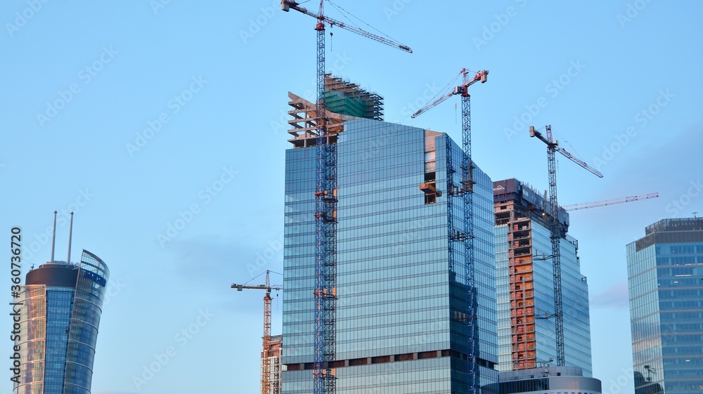 New Skyscrapers in the financial district of downtown Warsaw. New buildings being built.