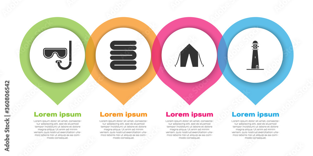 设置潜水面罩和浮潜、毛巾架、旅游帐篷和灯塔。商业信息图模板