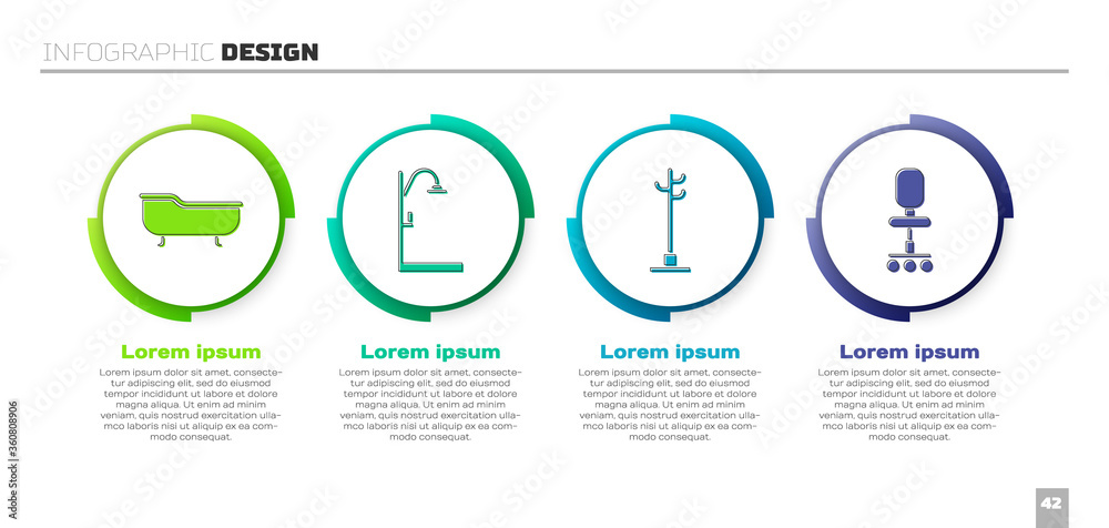 设置浴缸、淋浴器、衣架和办公椅。商业信息图模板。Vector