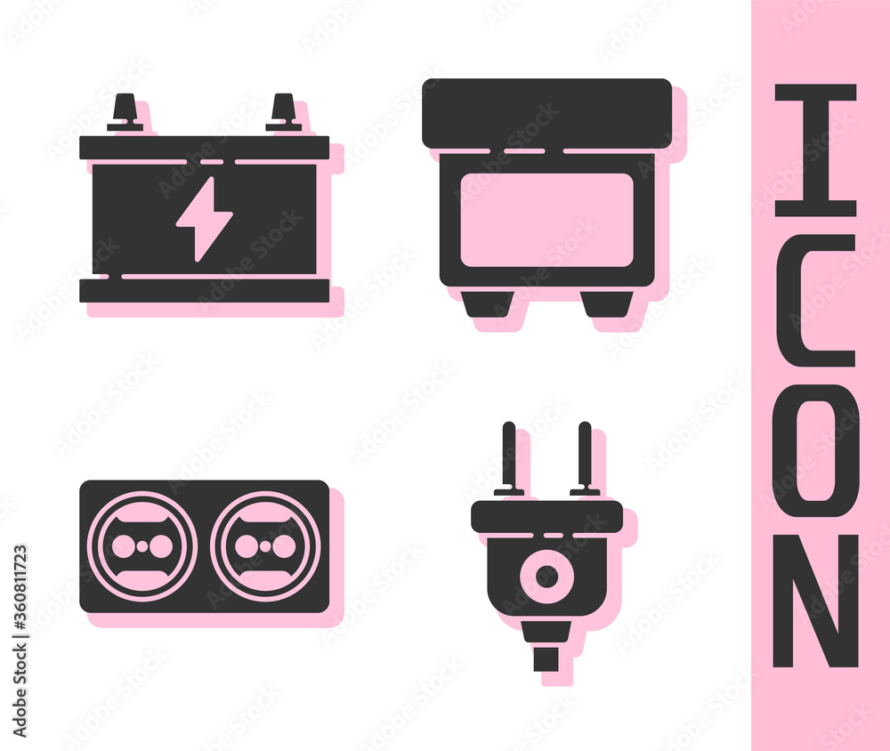 设置电气插头、汽车电池、电源插座和保险丝图标。矢量