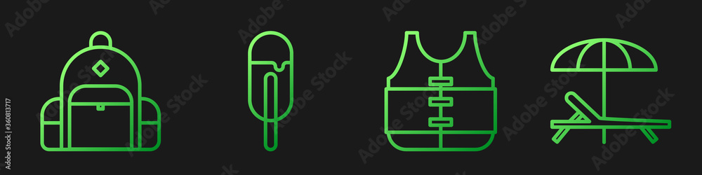套装救生衣、徒步背包、冰淇淋、日光浴床和雨伞。渐变色图标。面纱