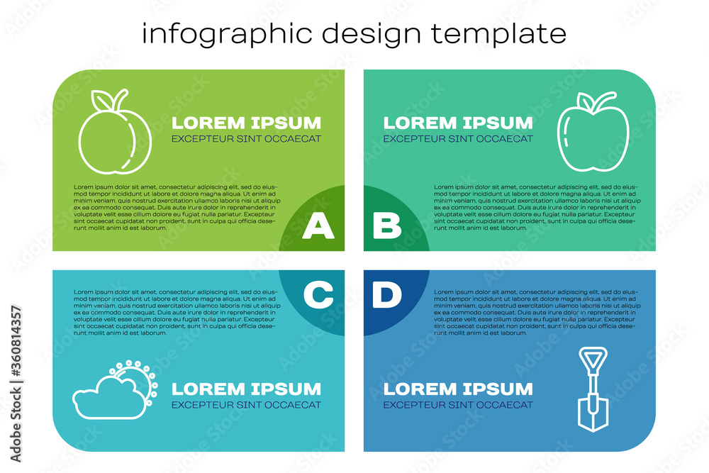 设定线太阳和云天气，桃果，铲子和苹果。商业信息图模板。矢量