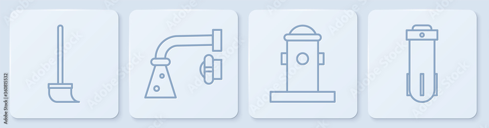 Set line Mop, Fire hydrant, Water tap and Water filter. White square button. Vector