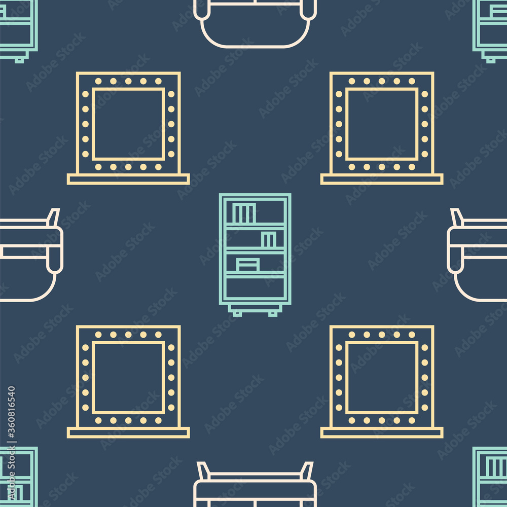 设置线条沙发、带灯化妆镜和无缝图案的图书馆书架。矢量