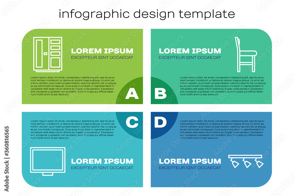Set line Picture frame on table, Wardrobe, Led track lights and lamps and Chair. Business infographi