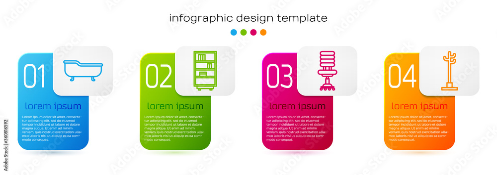 Set line Bathtub, Library bookshelf, Office chair and Coat stand. Business infographic template. Vec