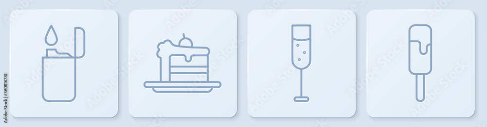 Set line Lighter, Glass of champagne, Cake and Ice cream. White square button. Vector