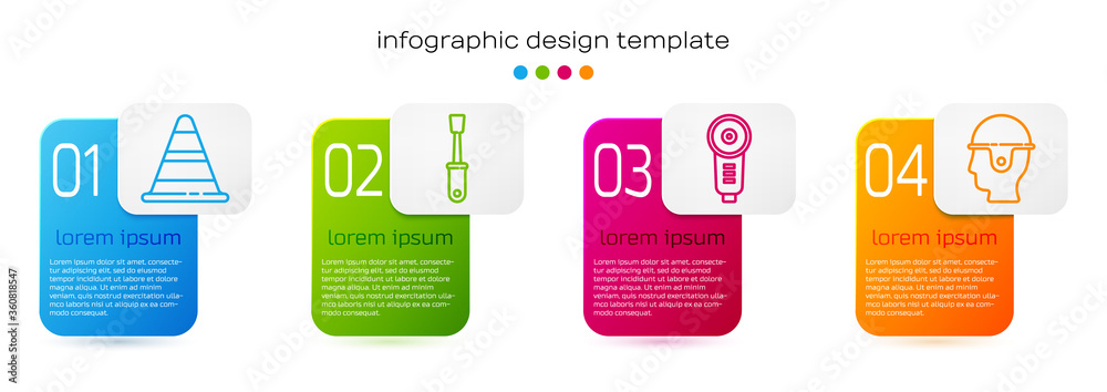 设置线路交通锥、螺丝刀、角磨机和工人安全帽。商业信息图项目