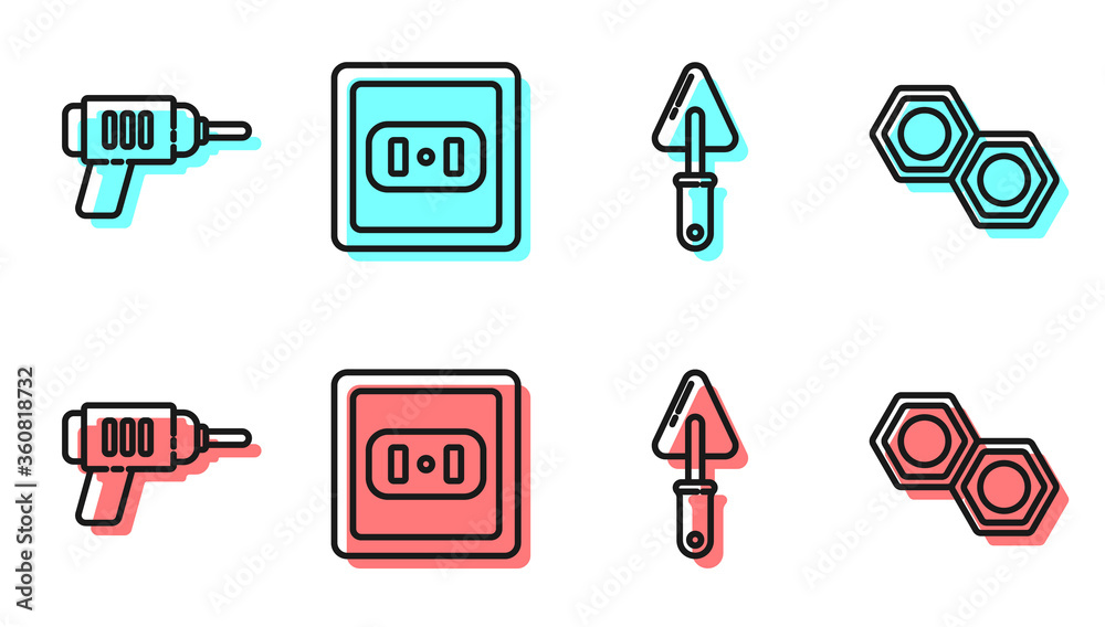 Set line Trowel，Electric drill machine，Electrical outlet and Hexagonal metal nut icon.Vector（设置线镘刀、电