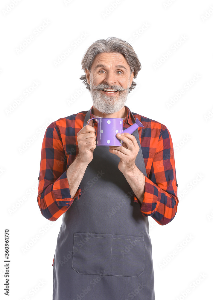 Senior gardener on white background