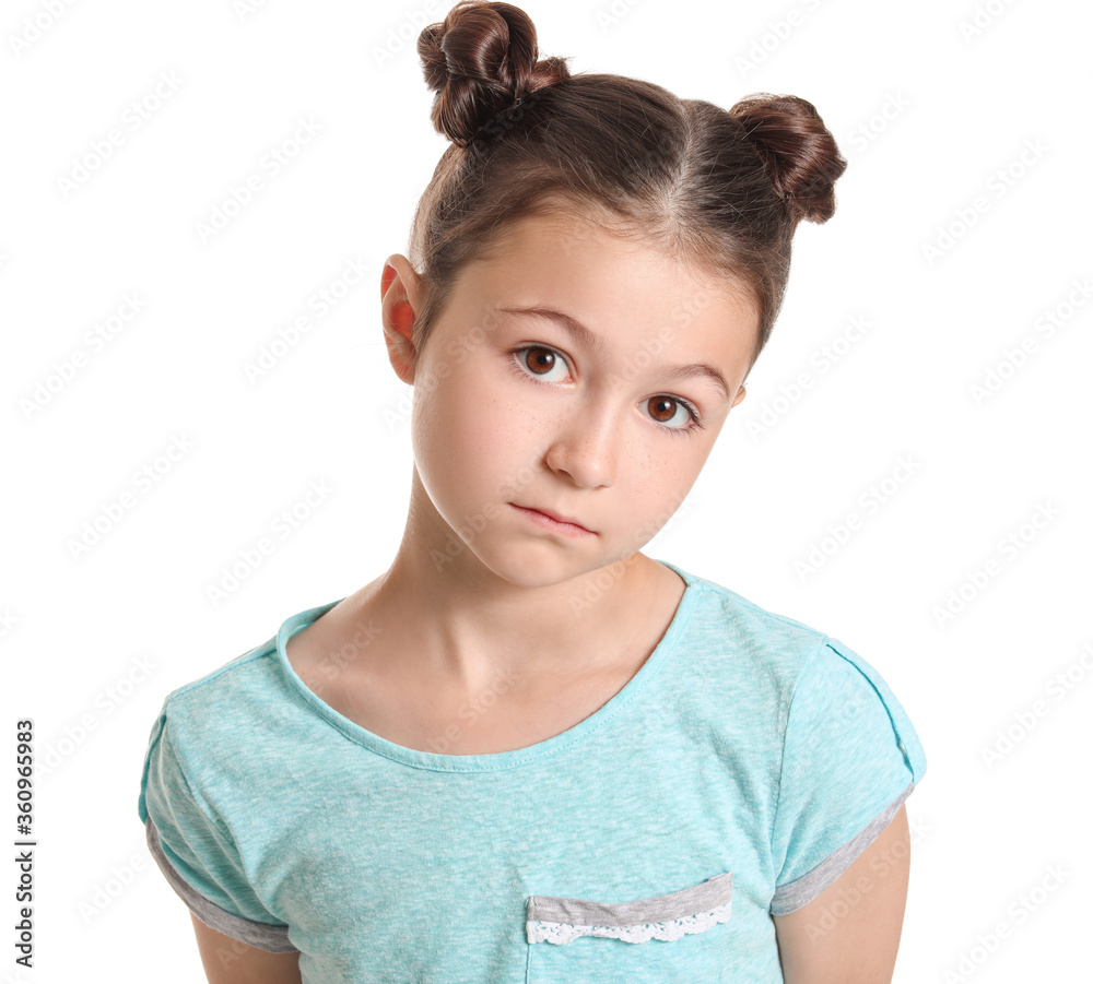 Apologizing little girl on white background