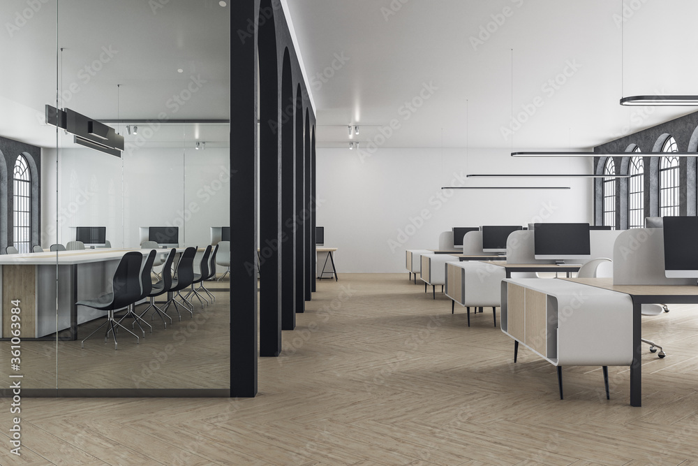 Contemporary classic style office with computers on table and decorative arch.