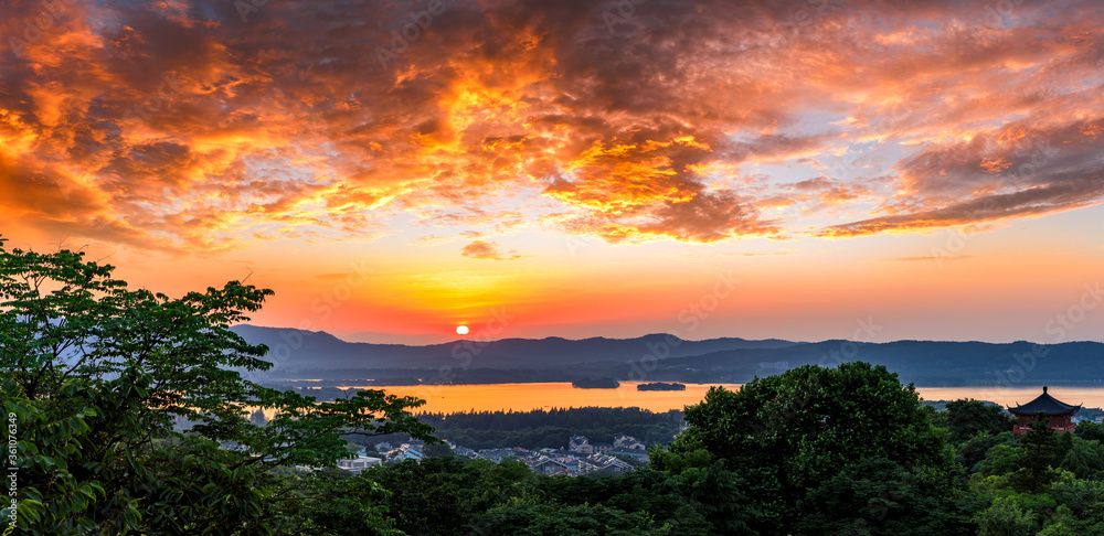 Beautiful Hangzhou West Lake scenery at sunset,China.