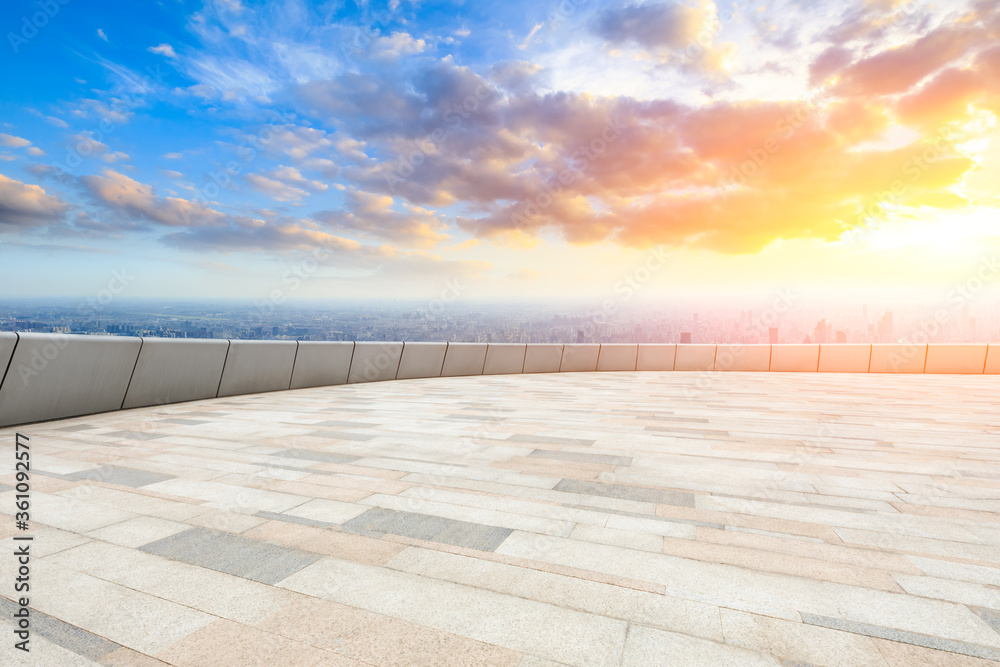 Empty square floor and Shanghai skyline at sunset.High angle view.