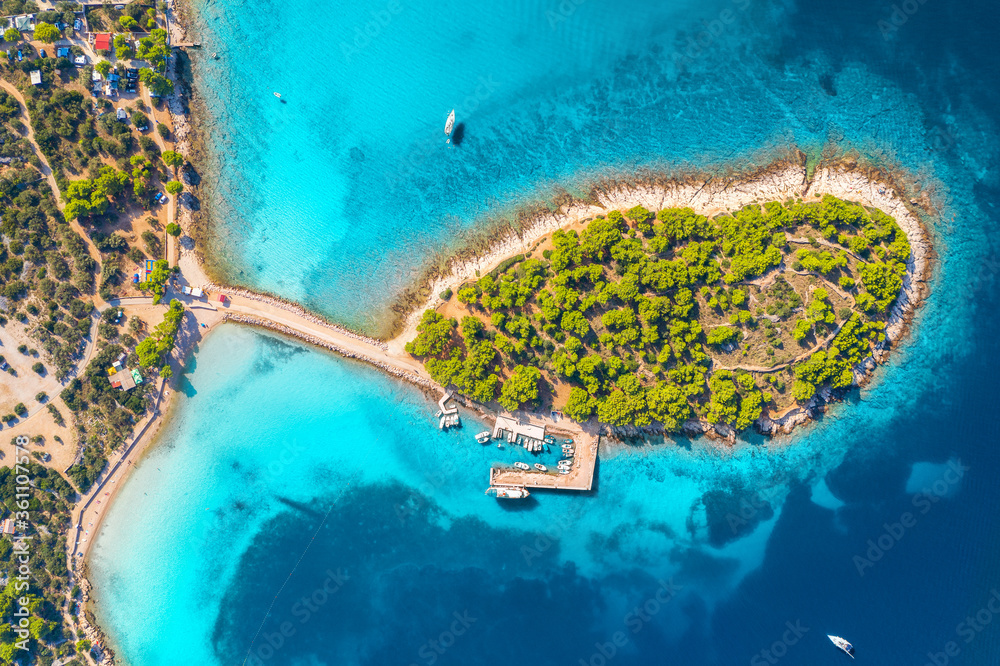 Aerial view of beutiful small island in sea bay at sunny day in summer in Murter, Croatia. Top view 