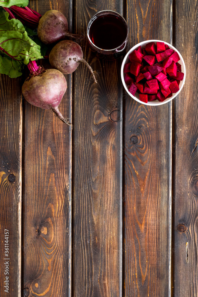 Beet - slices, fresh juice, green tops - from above copy space