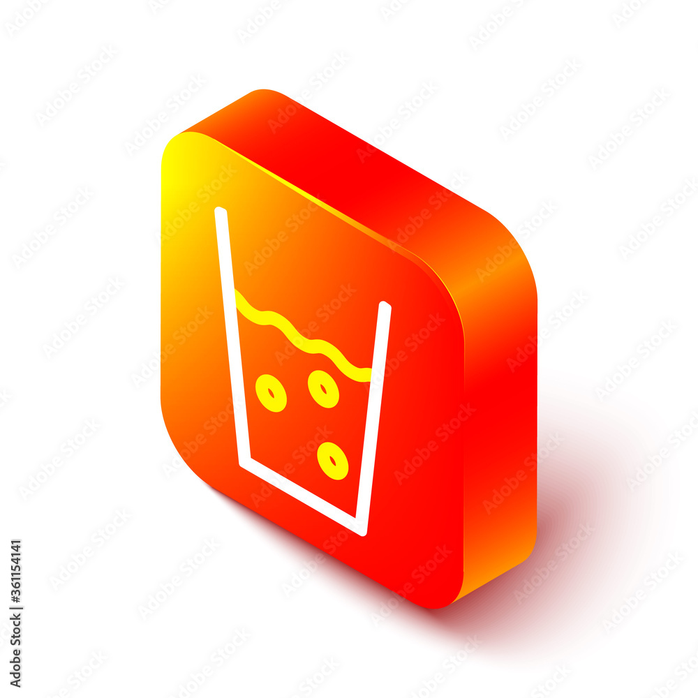 Isometric line Glass with water icon isolated on white background. Soda glass. Orange square button.