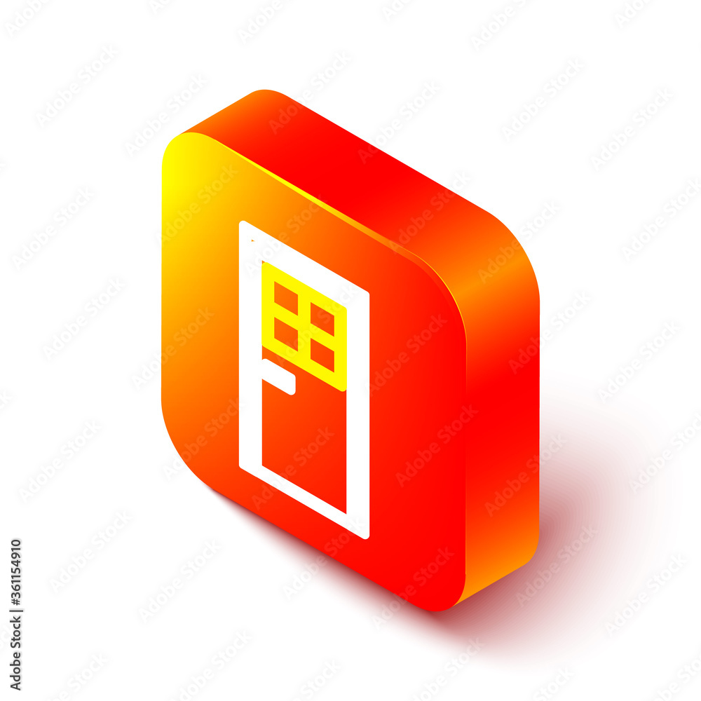 Isometric line Closed door icon isolated on white background. Orange square button. Vector Illustrat