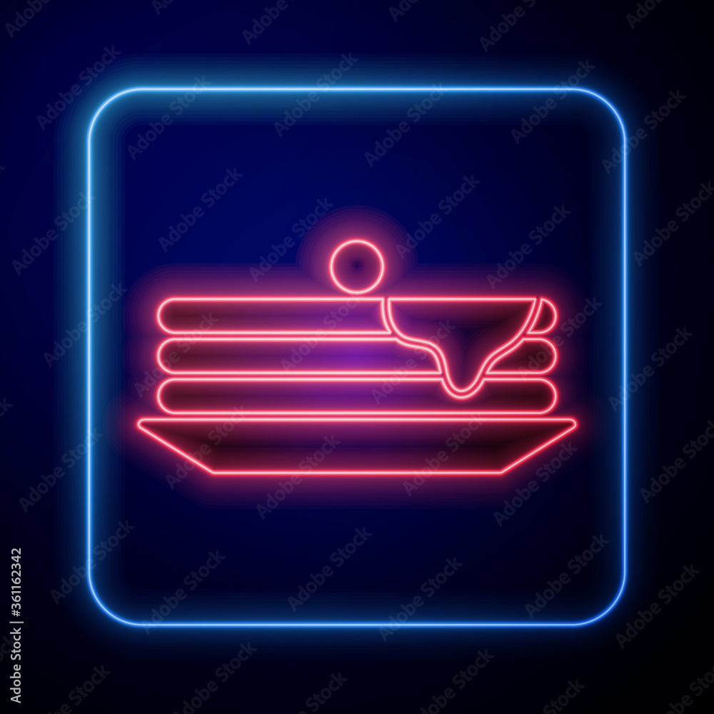 Glowing neon Stack of pancakes icon isolated on blue background. Baking with syrup and cherry. Break