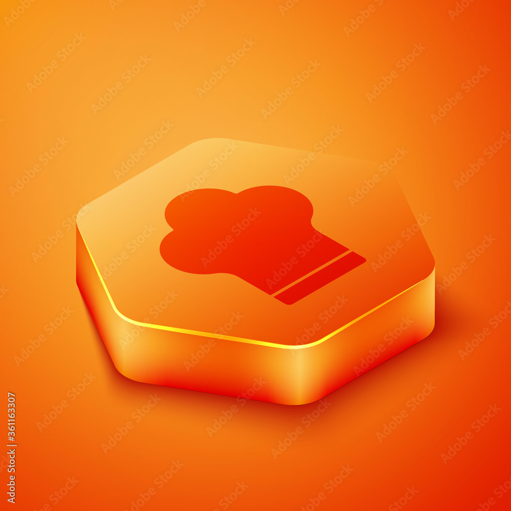 Isometric Chef hat icon isolated on orange background. Cooking symbol. Cooks hat. Orange hexagon but