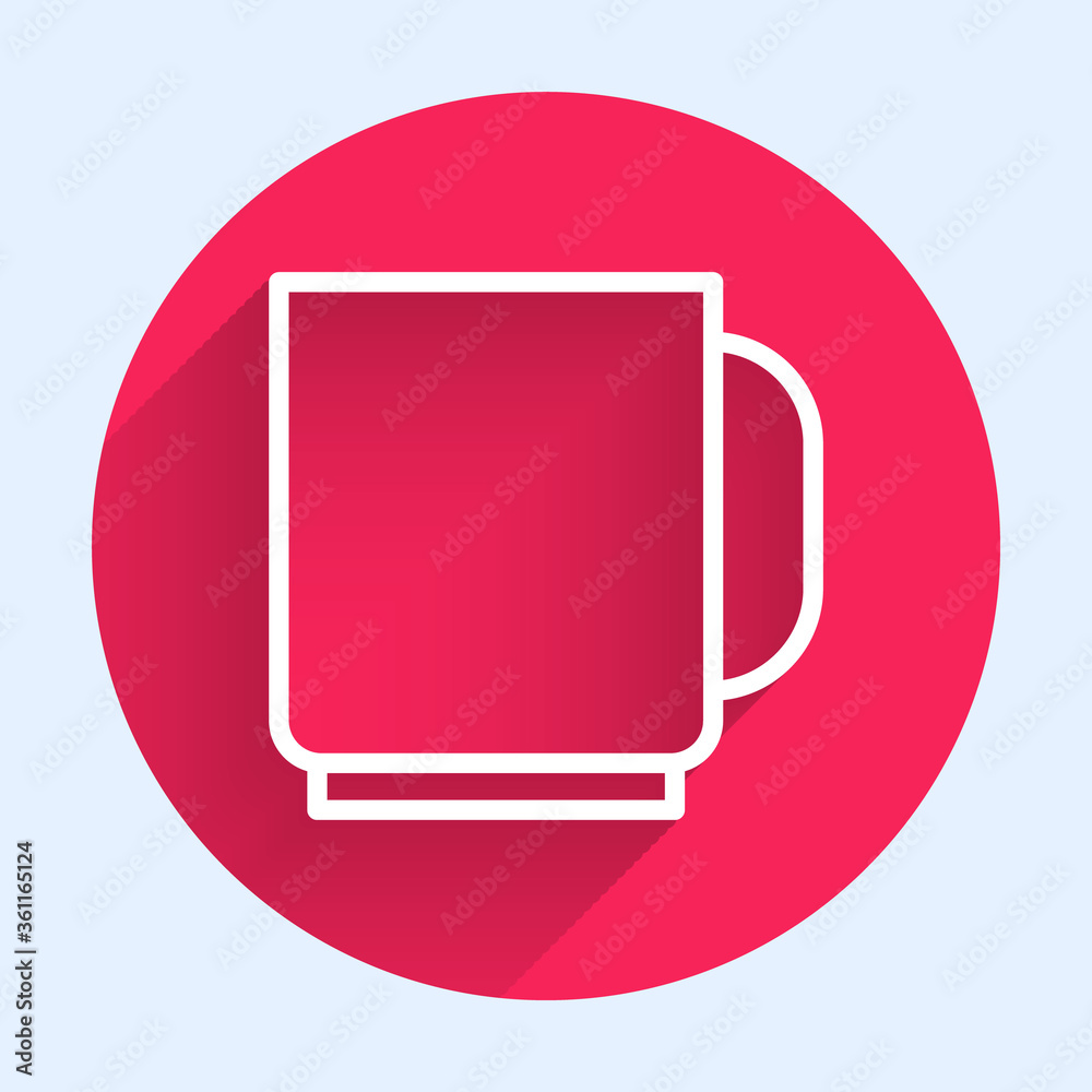 White line Coffee cup icon isolated with long shadow. Tea cup. Hot drink coffee. Red circle button. 