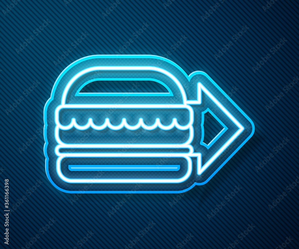 Glowing neon line Online ordering and burger delivery icon isolated on blue background. Vector Illus