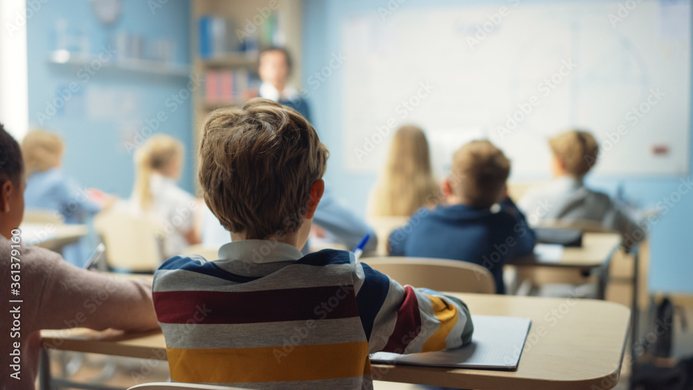 在小学，关爱的老师向充满聪明多样的孩子的课堂讲解课程