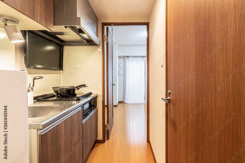 Small modern kitchen corner in the hallway in the apartment