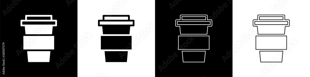 将咖啡杯设置为在黑白背景上隔离的图标。矢量插图。