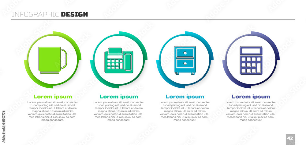 设置咖啡杯、电话、带文档和计算器的抽屉。商业信息图模板。Vect