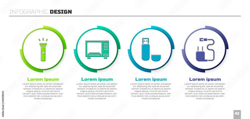 设置手电筒、微波炉、U盘和充电器。商业信息图模板。矢量。