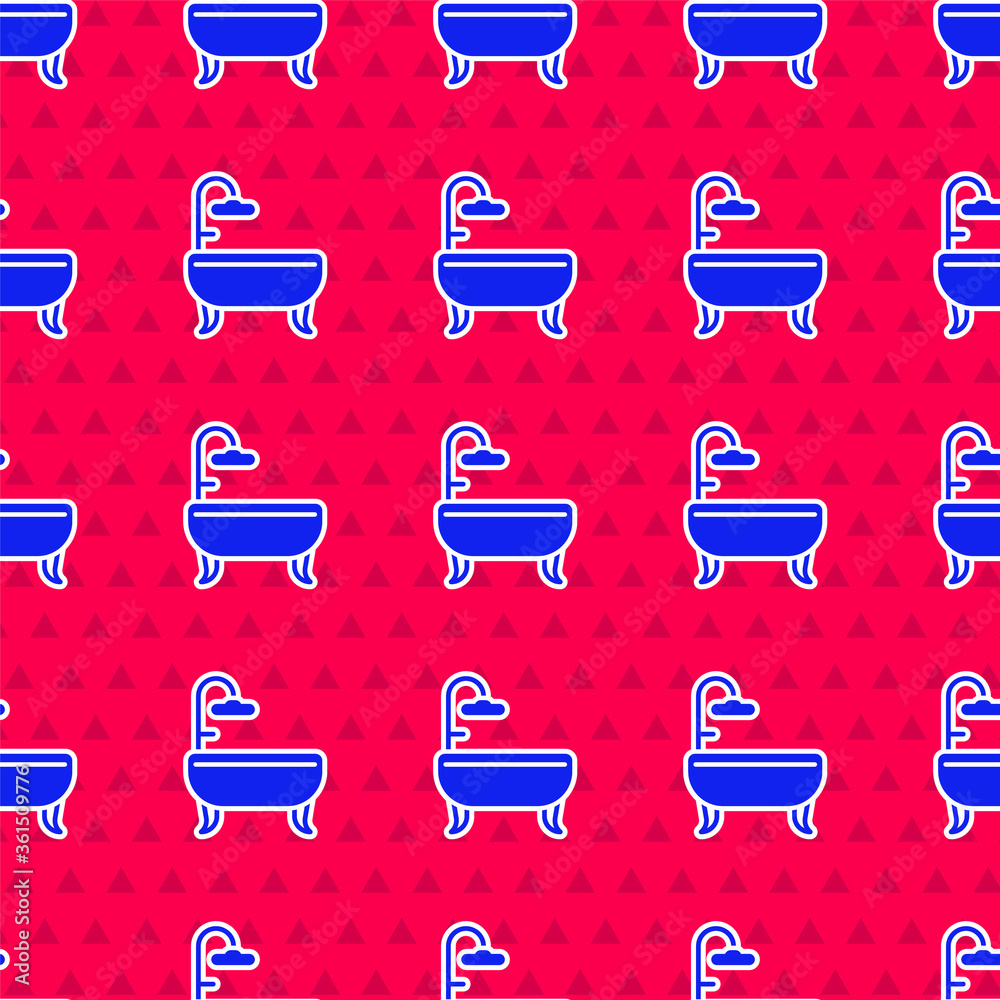 Blue Bathtub icon isolated seamless pattern on red background. Vector Illustration.