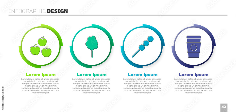 Set Apple, Cotton candy, Meatballs on wooden stick and Coffee cup to go. Business infographic templa