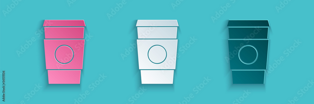 Paper cut Coffee cup to go icon isolated on blue background. Paper art style. Vector Illustration.