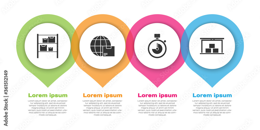 设置仓库、全球运输和箱子、秒表和仓库。商业信息图模板.V
