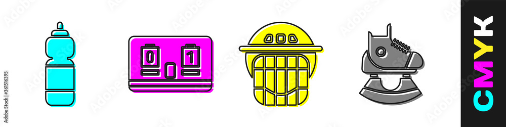 设置健身摇壶、冰球机械记分牌、冰球头盔和滑板图标。矢量。