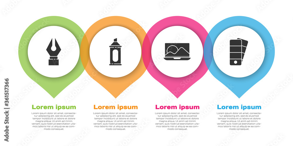 设置Fountain笔尖、记号笔、笔记本电脑和调色板。商业信息图模板。矢量。
