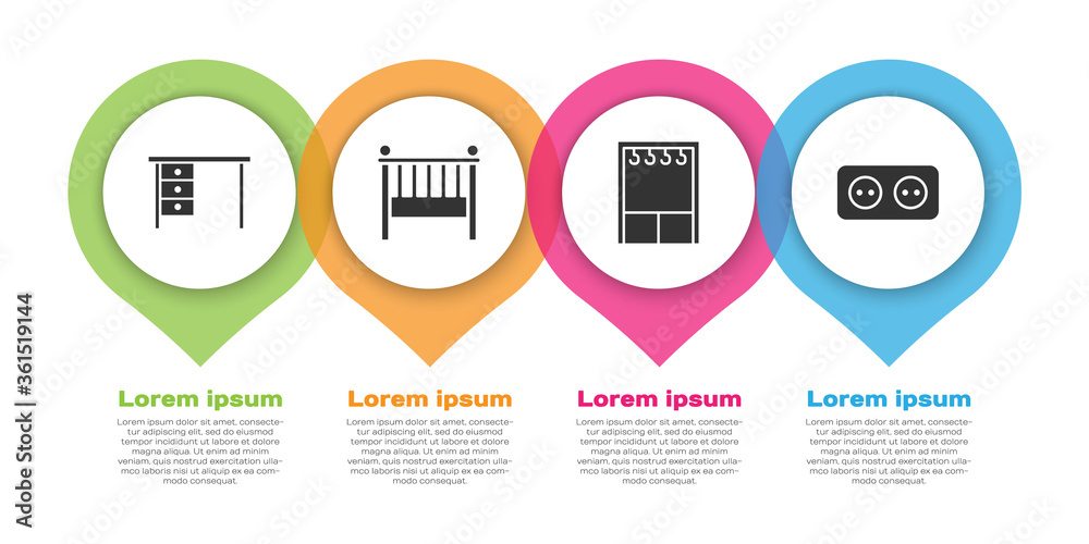 设置办公桌、婴儿床摇篮床、衣柜和电源插座。商业信息图模板
